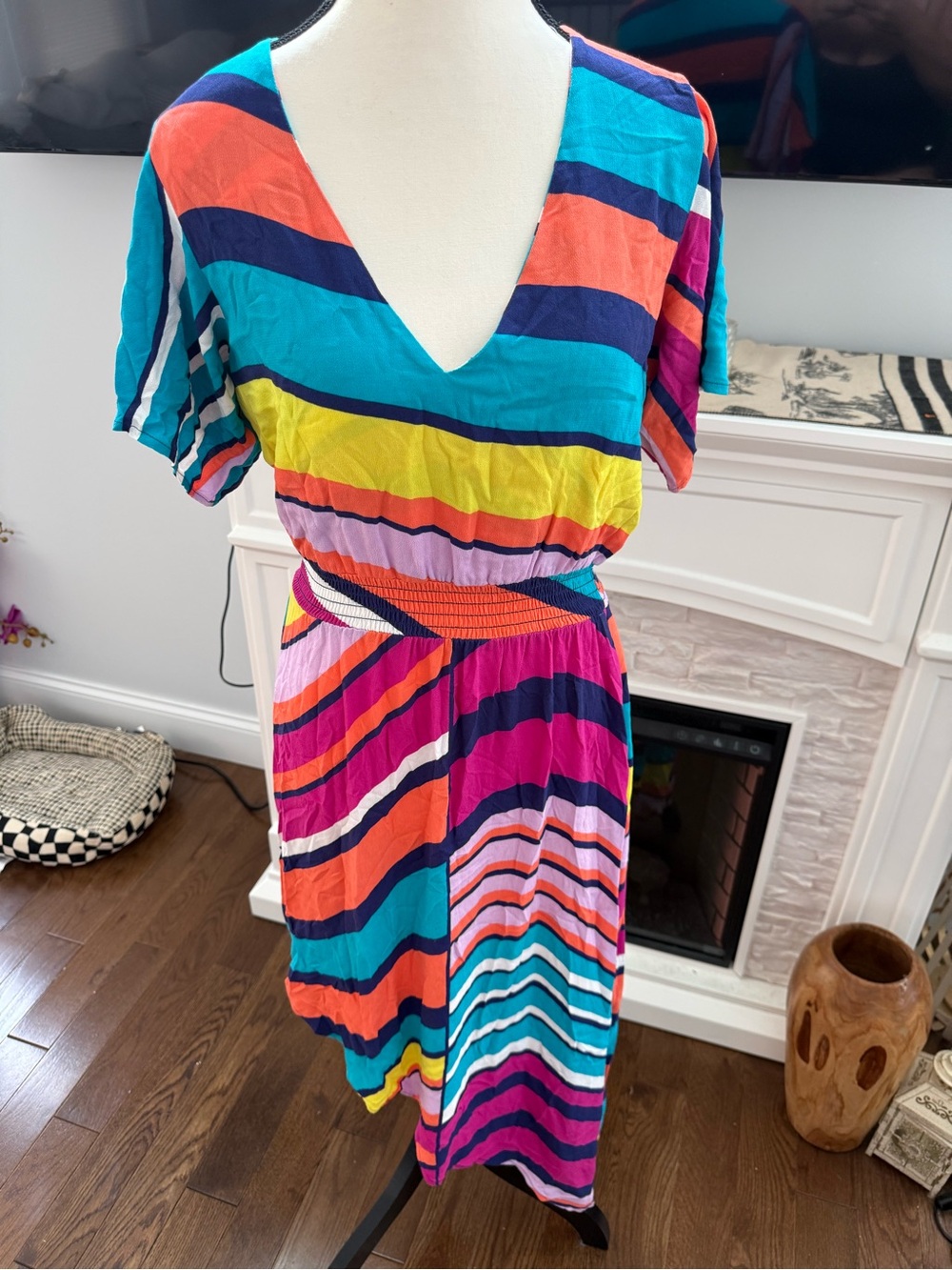 Trina Turk Bright Multi-Color Striped V-Neck Women’s Dress Size Small